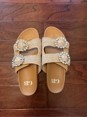 Crystal Buckle Raffia Slide Sandals